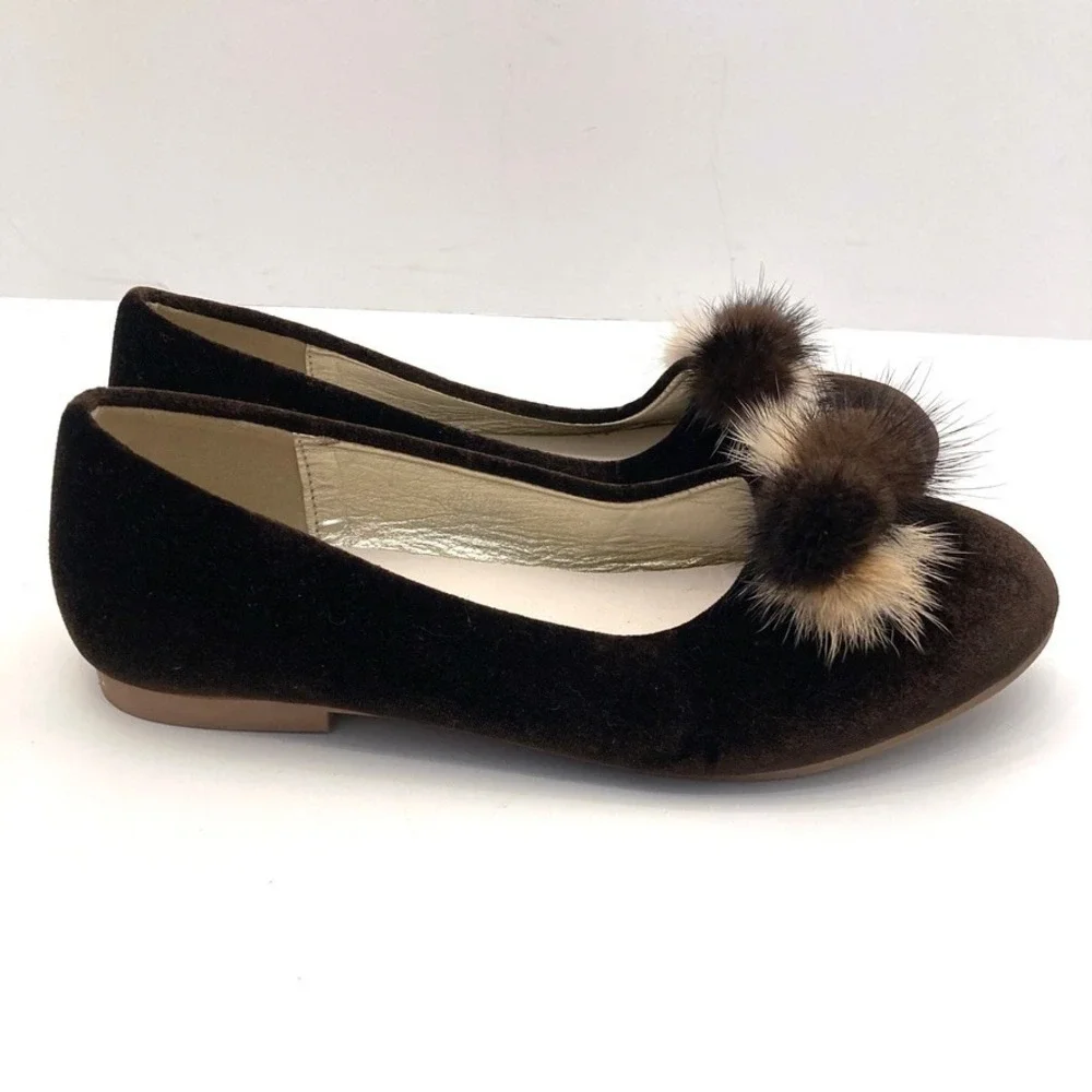 Nanette Lepore Velvet Mink PomPom Toe Ballet Flats Brown Girls 3